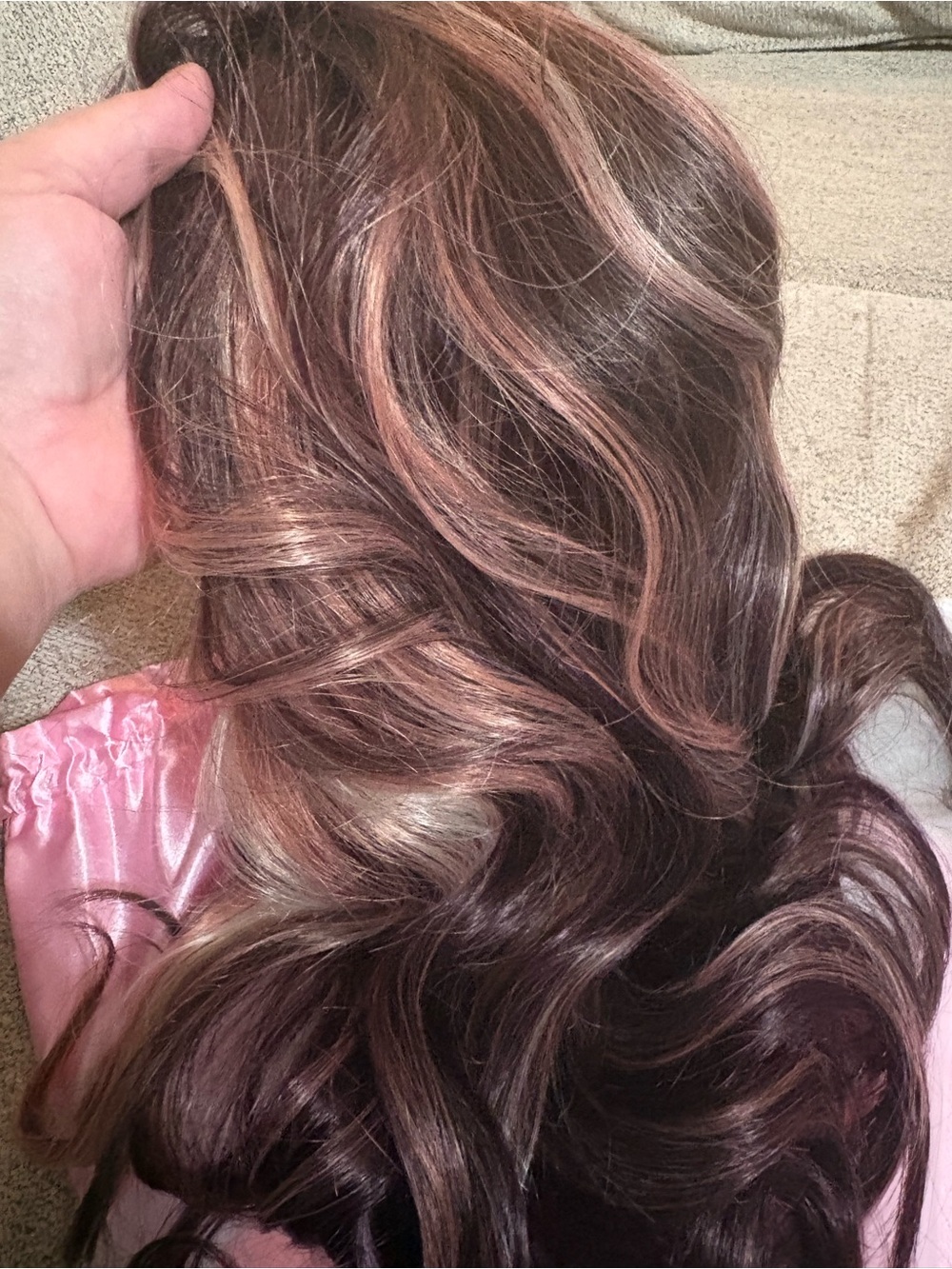 Women's Brown Wig with Rose-Gold Highlights - Natural Wave Finish